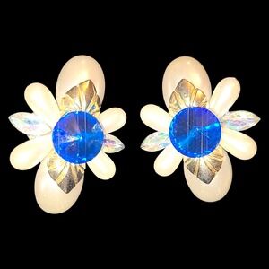 Vintage '80s Big Chunky Rhinestone Faux Pearl Clip On Earrings